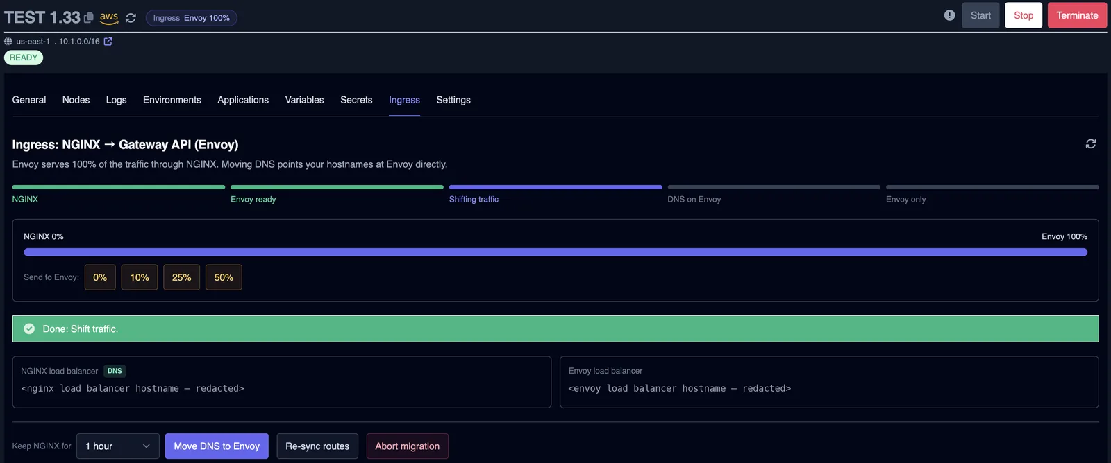 Done: Shift traffic banner with Envoy at 100 percent and the Keep NGINX for dropdown next to Move DNS to Envoy