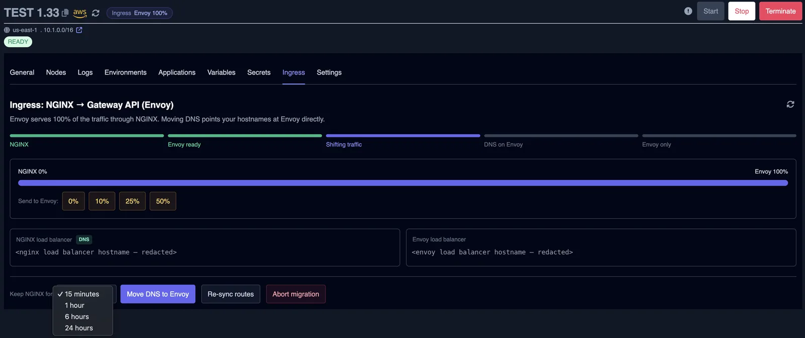 Keep NGINX for dropdown open, showing 15 minutes, 1 hour, 6 hours and 24 hours
