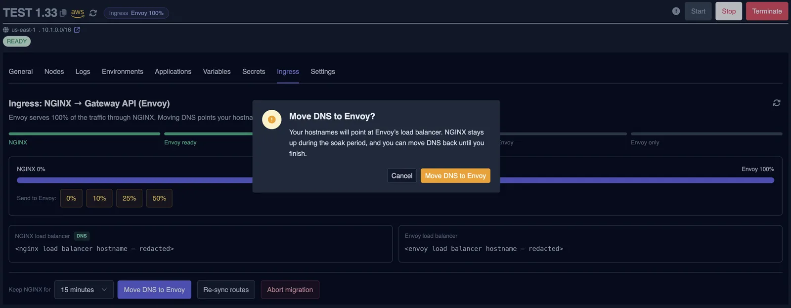 Confirmation dialog asking to move DNS to Envoy, explaining that NGINX stays up during the soak period