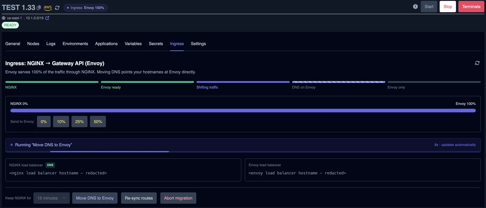 Running step for moving DNS to Envoy shown in the Ingress panel
