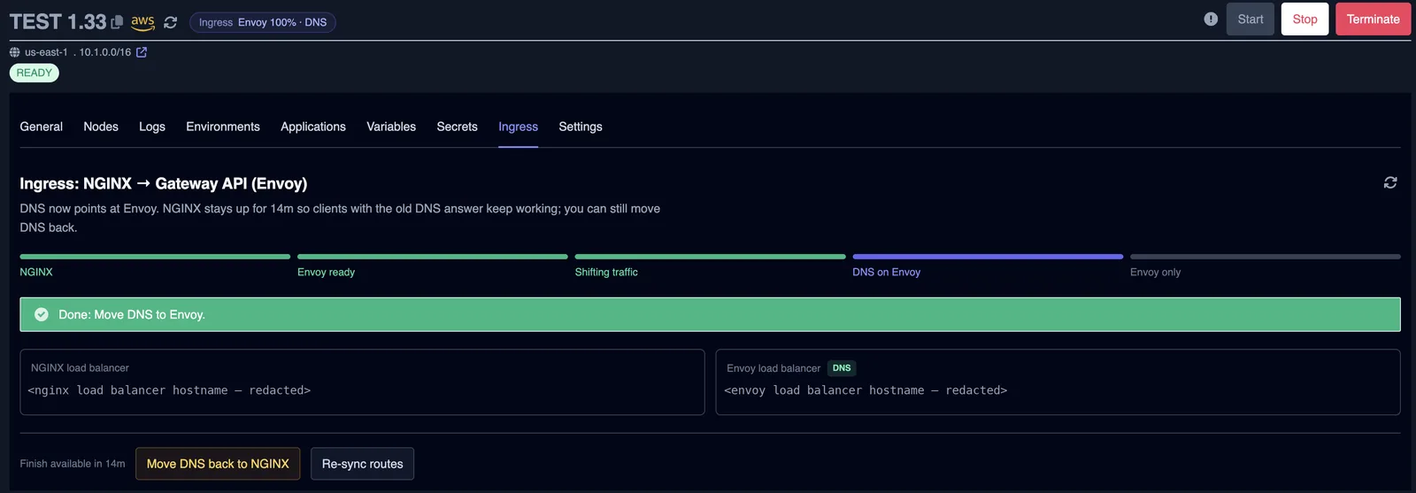 DNS on Envoy banner with a countdown for the NGINX soak period and a Move DNS back to NGINX button