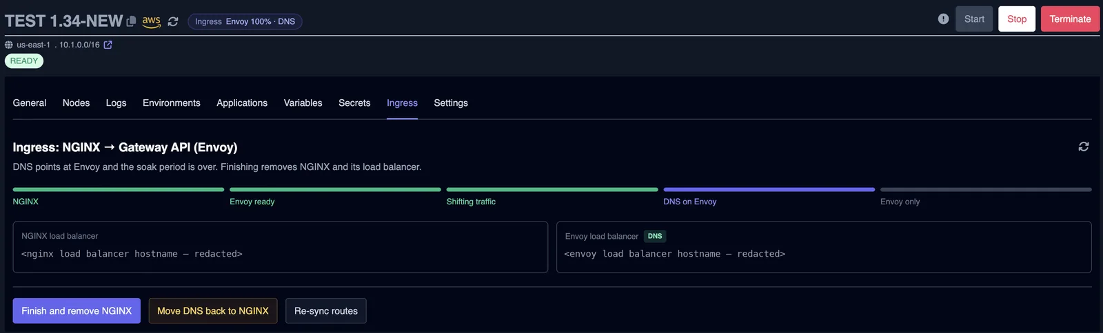 Ready to finish state with the Finish and remove NGINX button