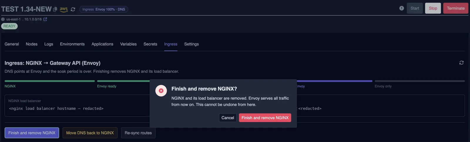 Confirmation dialog saying NGINX and its load balancer are removed and this cannot be undone from here