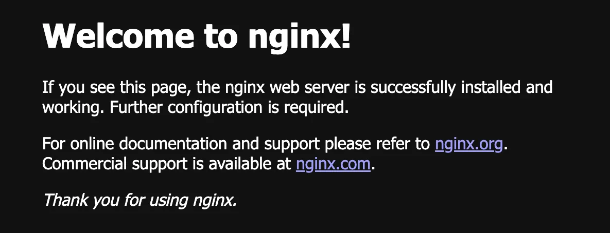 The test app’s default page, titled Welcome to nginx, reachable on its hostname after the migration
