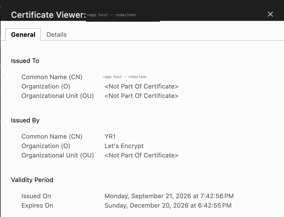 Certificate details for the app hostname issued by Let’s Encrypt