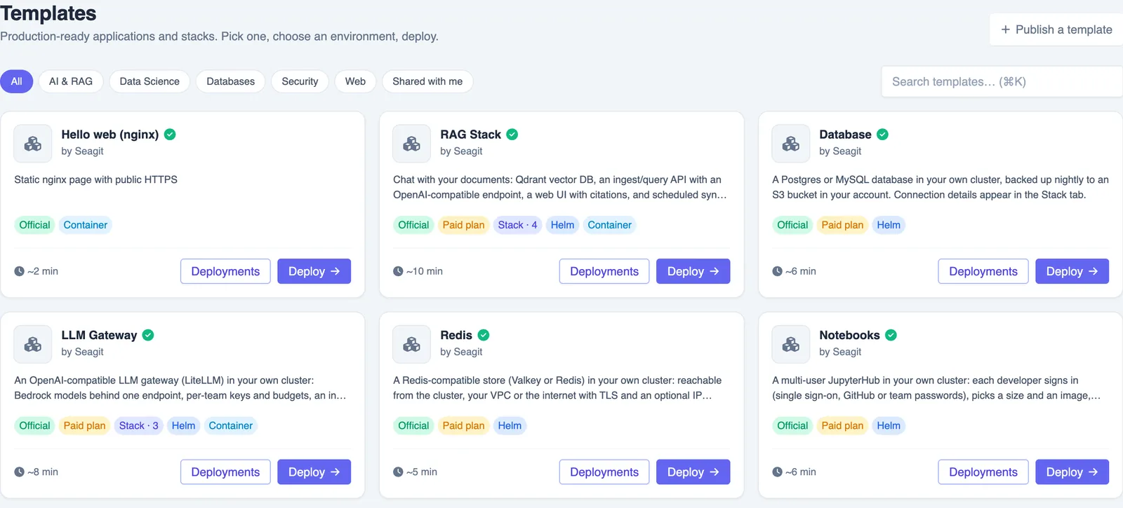 The SeaGit Templates page with RAG Stack, MLflow, Evals and other stack cards