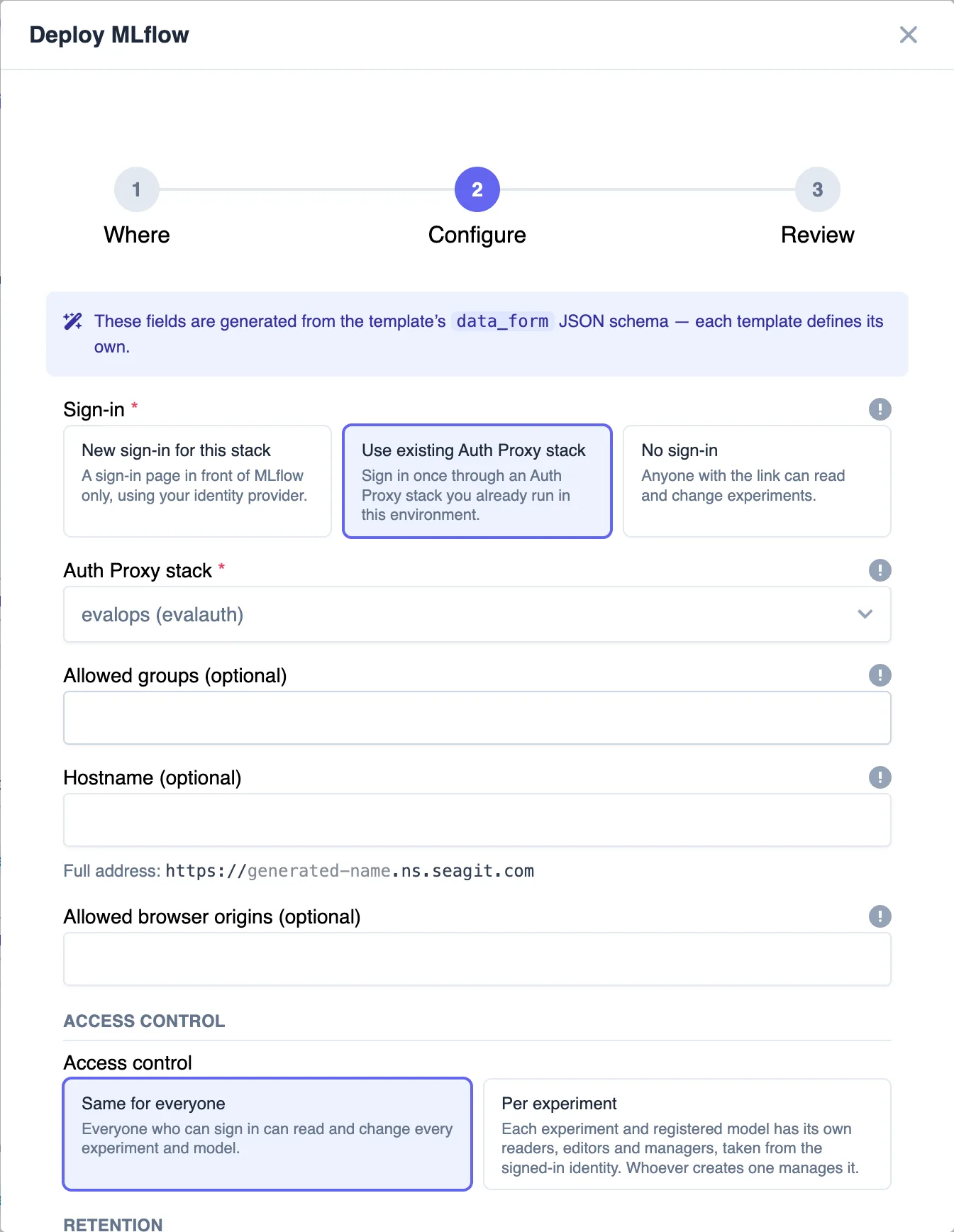 MLflow deploy form, Configure step, with Use existing Auth Proxy stack selected