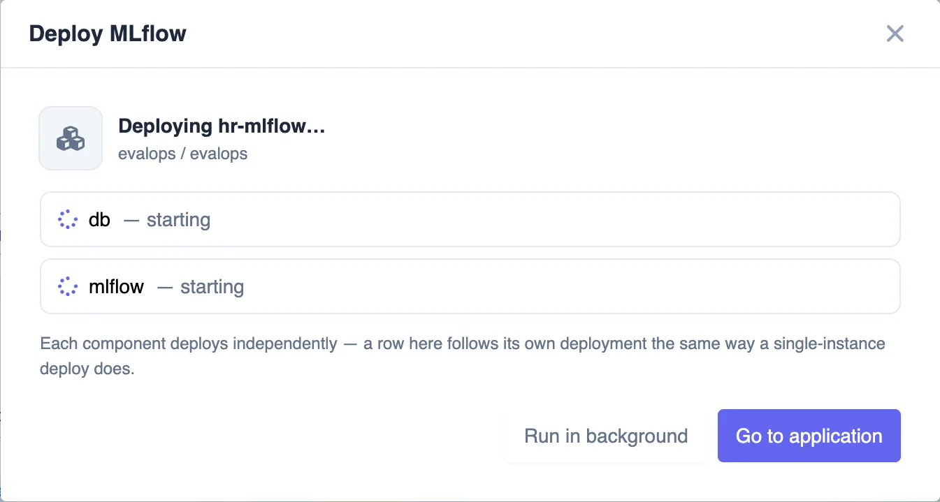 Deploying hr-mlflow with two components, db and mlflow, starting