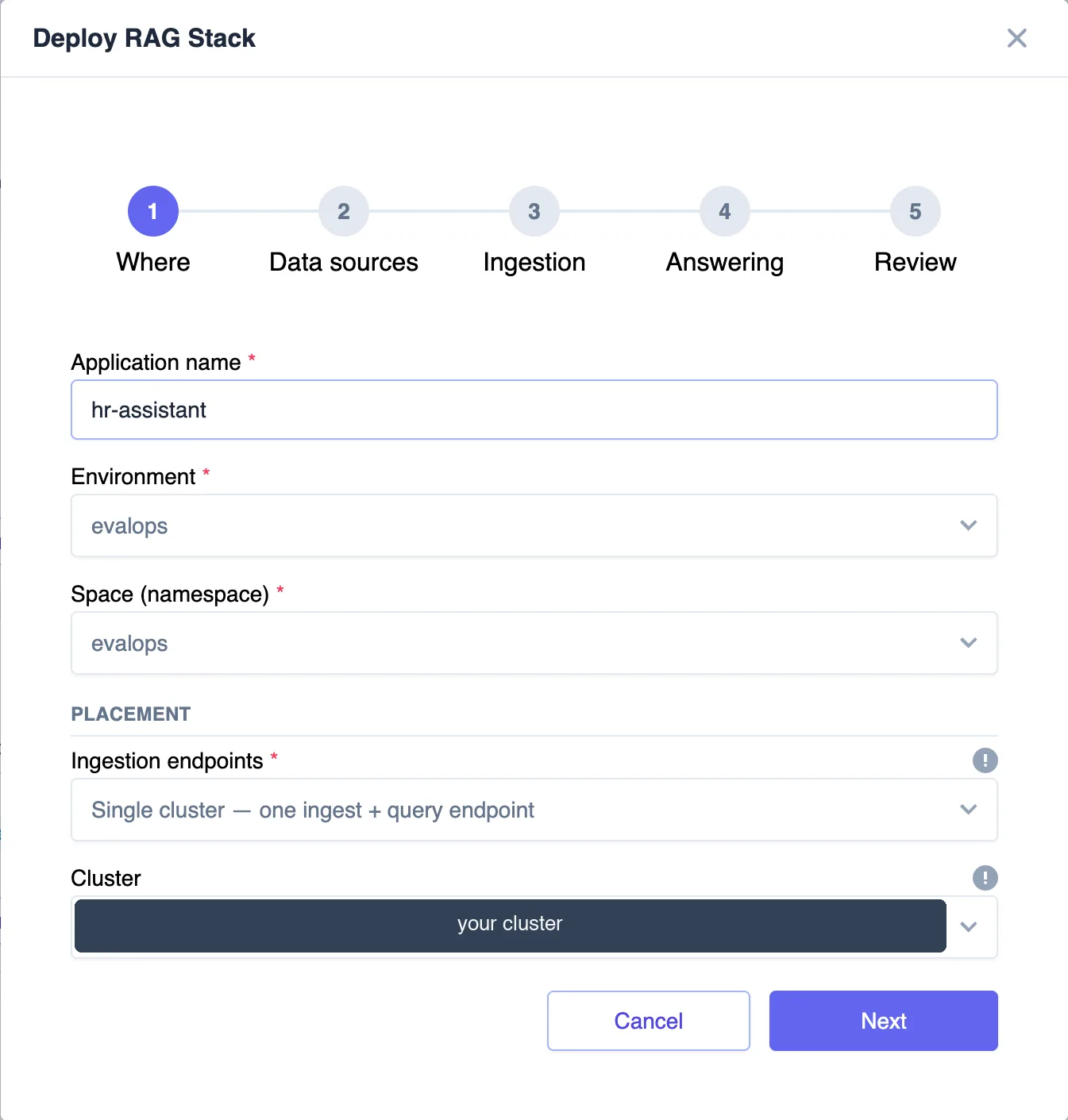 RAG Stack form, Where step, application name hr-assistant