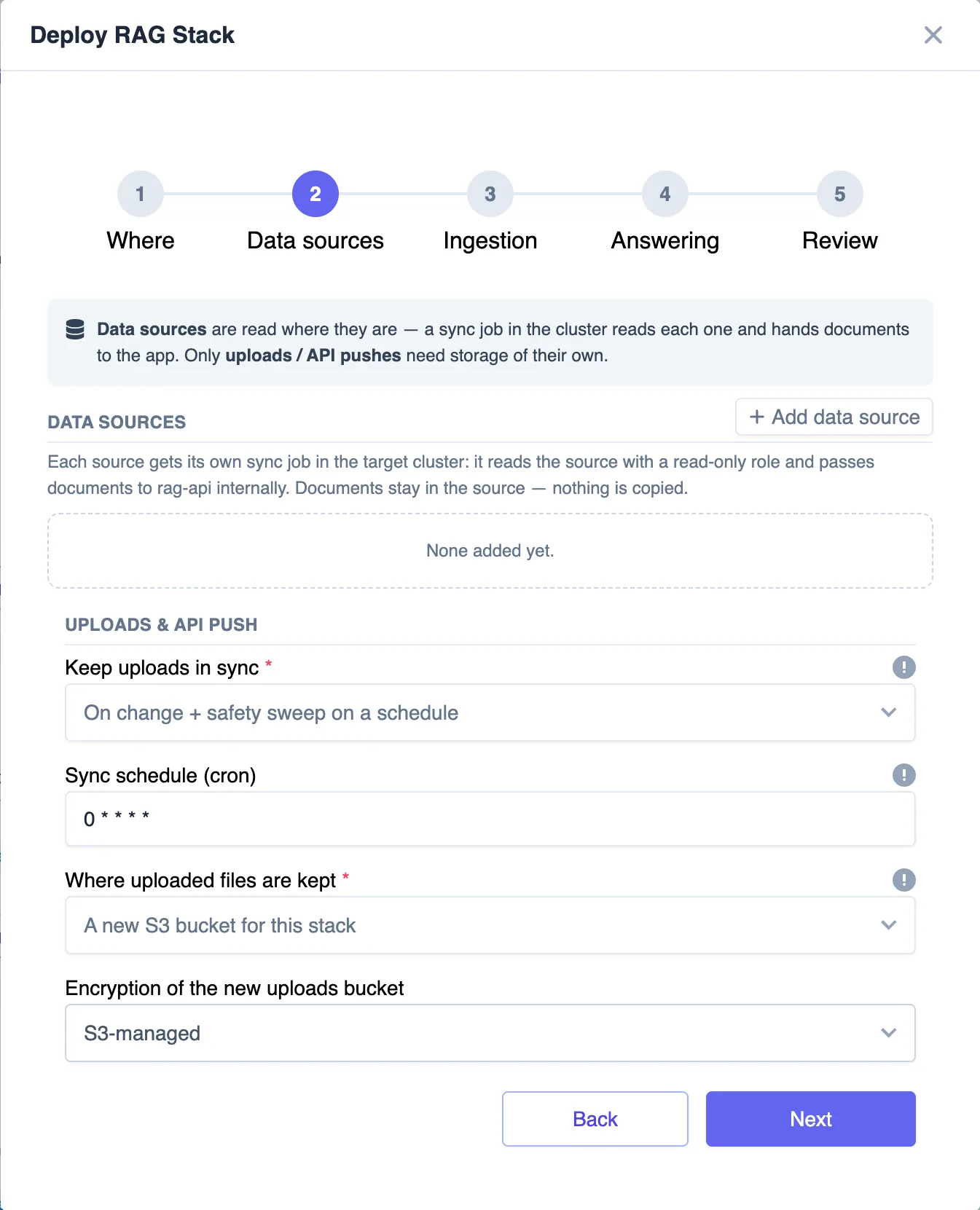 RAG Stack form, Data sources step, uploads kept in a new S3 bucket