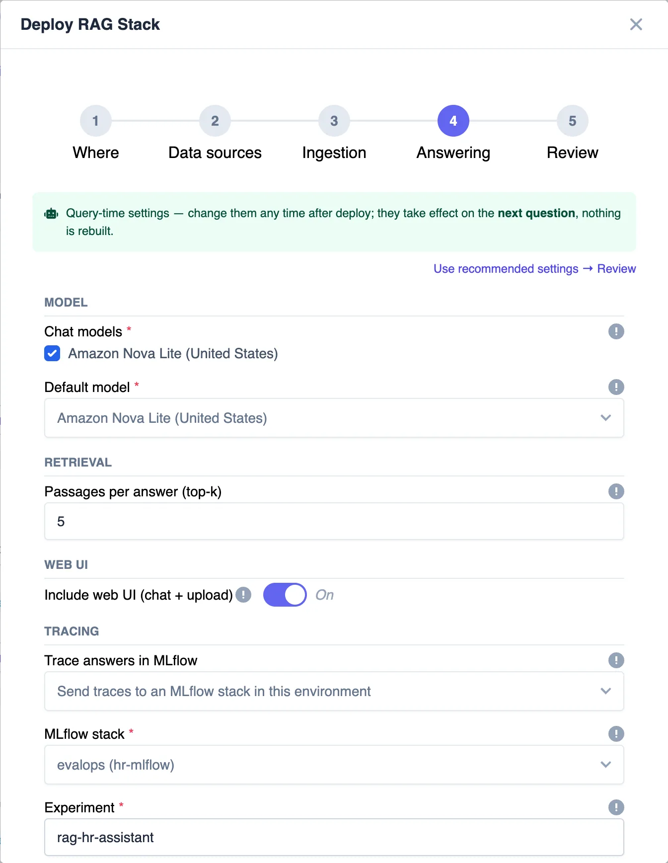 RAG Stack form, Answering step, Amazon Nova Lite, web UI on, tracing to the hr-mlflow stack