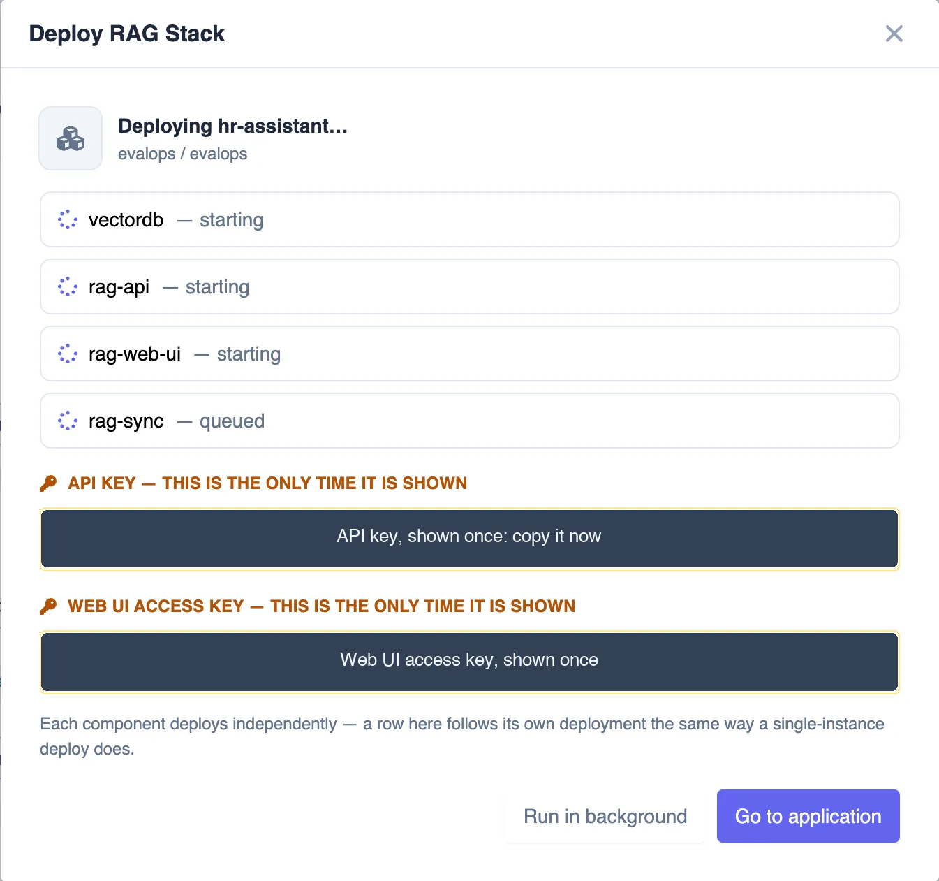 Deploying hr-assistant with four components and two keys shown once