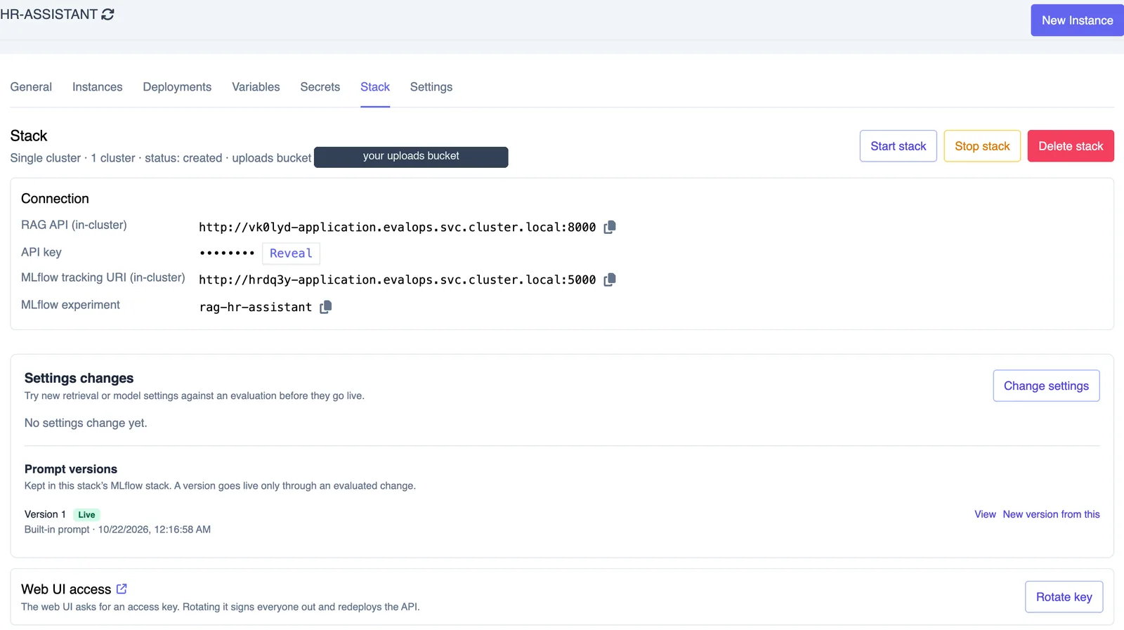 The hr-assistant Stack tab with Connection, Settings changes, Prompt versions and Web UI access