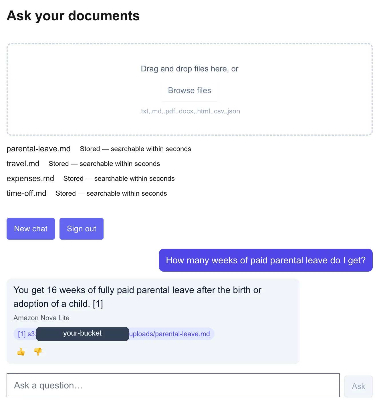 The web UI with four uploaded policy files and an answer: 16 weeks of fully paid parental leave, citing parental-leave.md