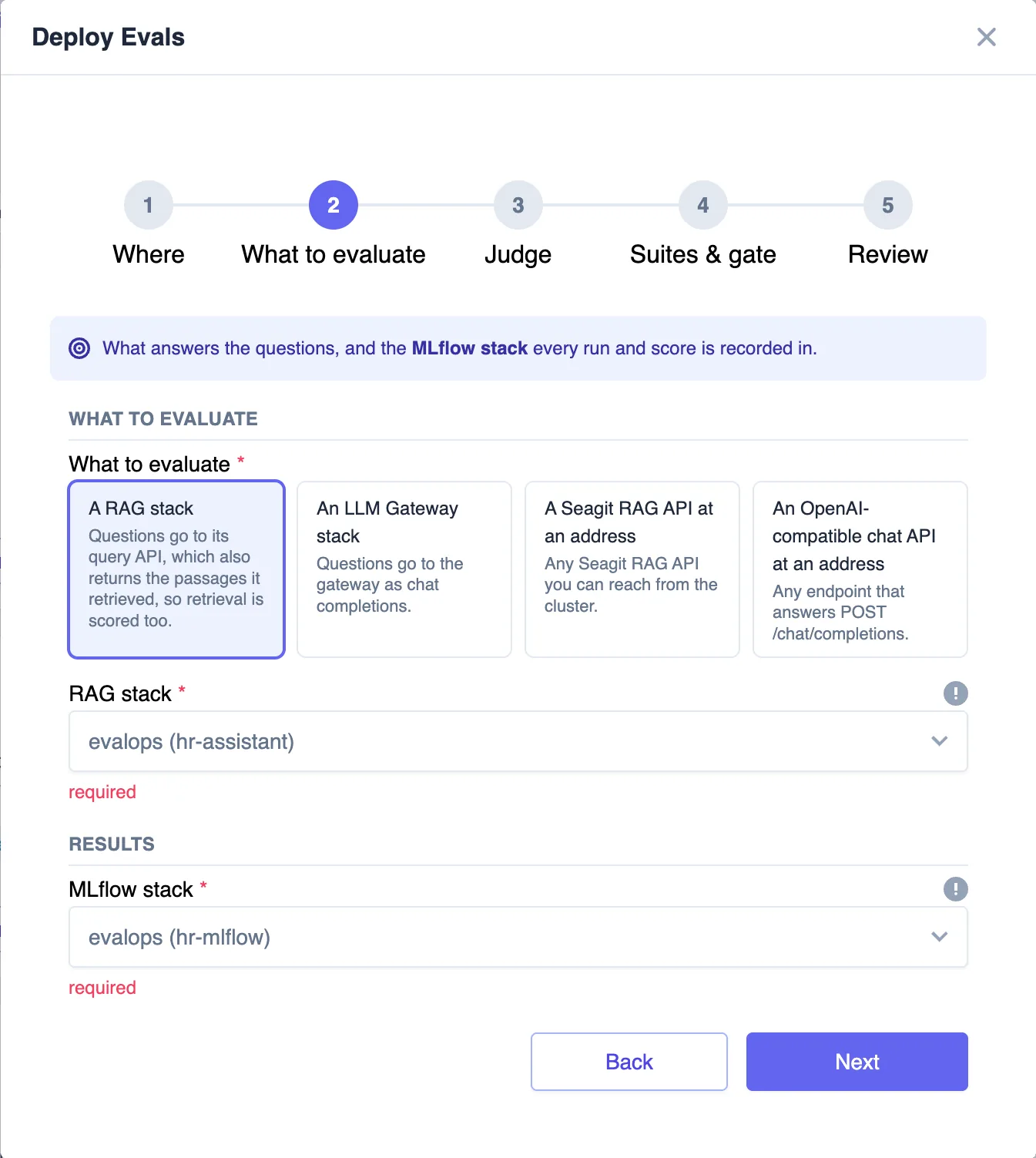 Evals form, What to evaluate step, A RAG stack with hr-assistant and the hr-mlflow stack
