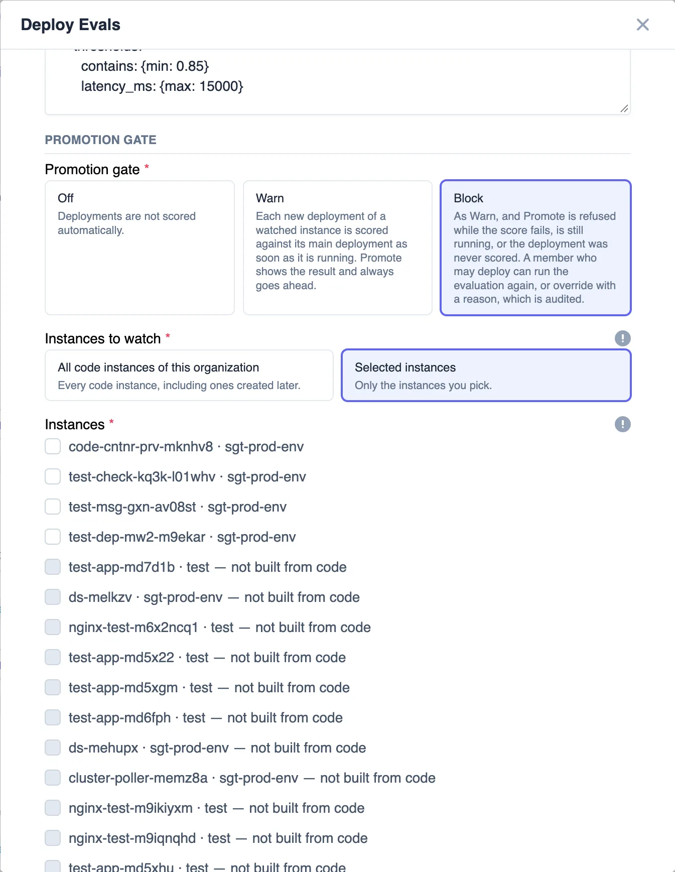 Evals form, Suites and gate step, custom YAML suite and the Block promotion gate