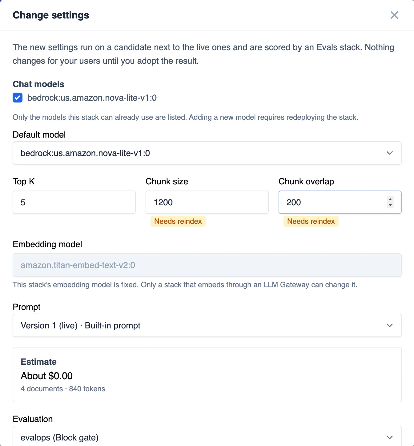 Change settings form with chunk size 1200, overlap 200, Needs reindex, and an estimate of about $0.00