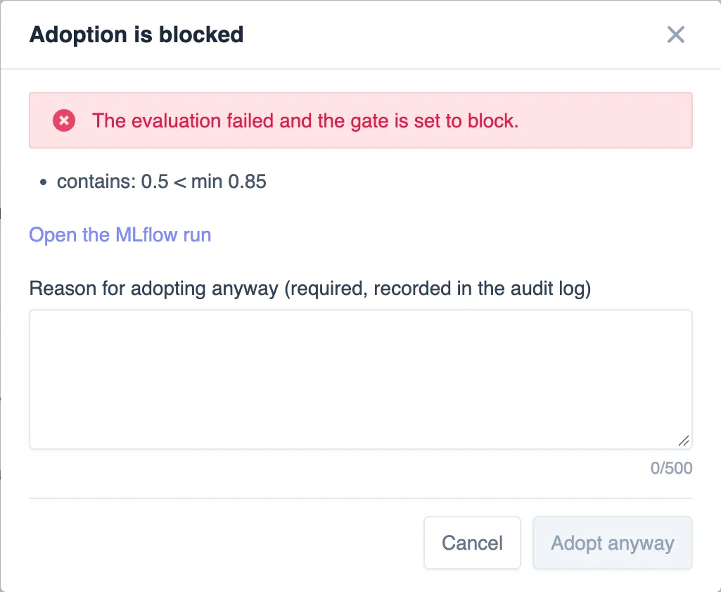Adoption is blocked: the evaluation failed and the gate is set to block, contains 0.5 below min 0.85