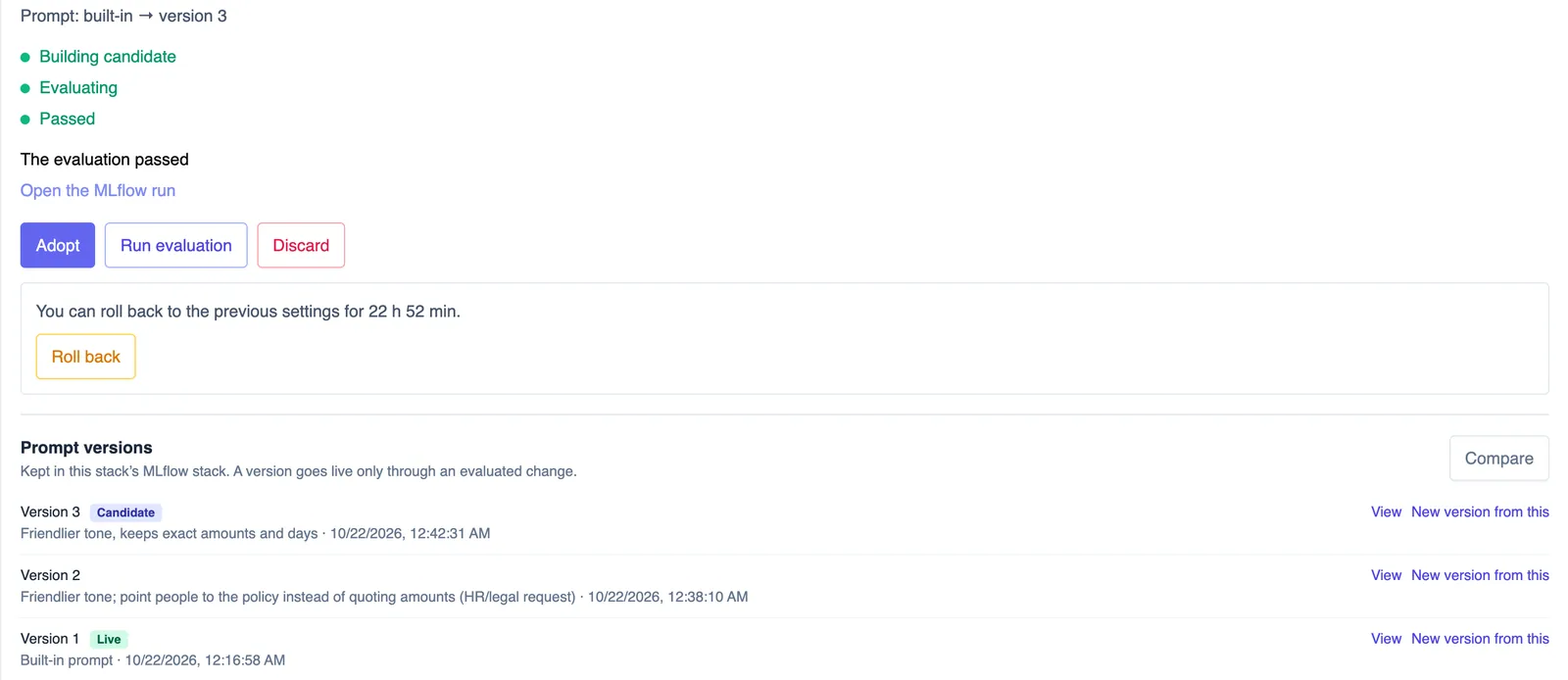 The change card for Prompt: built-in to version 3, evaluation passed, Version 3 marked Candidate